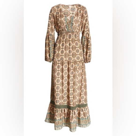 Raga NWT Kasi Long Sleeve Ruffle Maxi Dress Size S Mandala Lace Smocked Boho - Picture 4 of 6